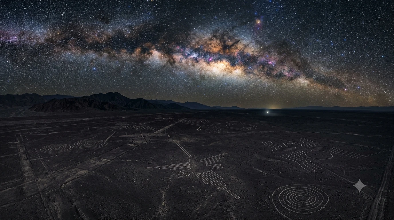 The Nazca geoglyphs beneath the Milky Way at night