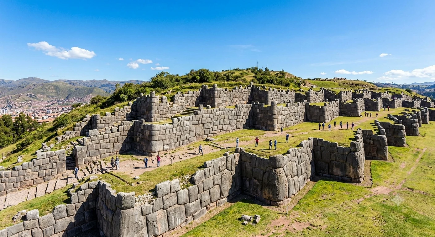 Aerial view of the megalithic walls of Saqsayhuamán above Cuzco